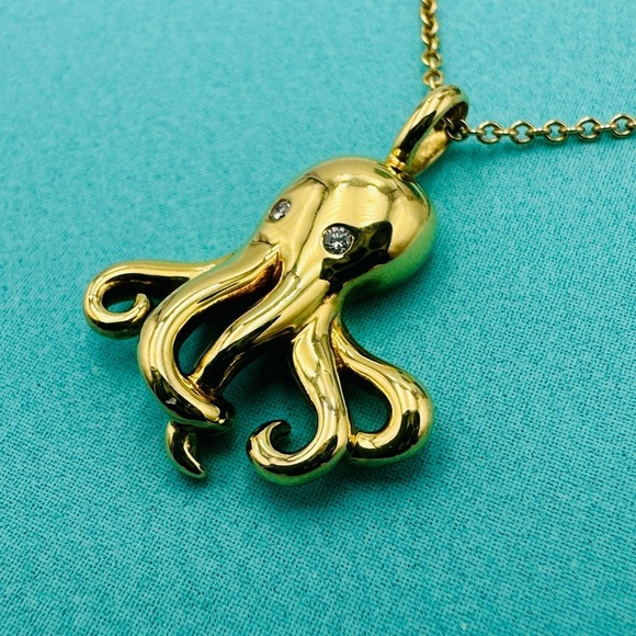 RARE Tiffany & Co. 18K Yellow Gold Diamond Octopus Charm Necklace 18” Packaging - Picture 4 of 13
